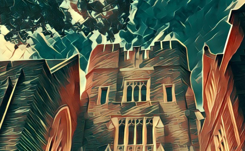 stylized image of Perkins Library tower