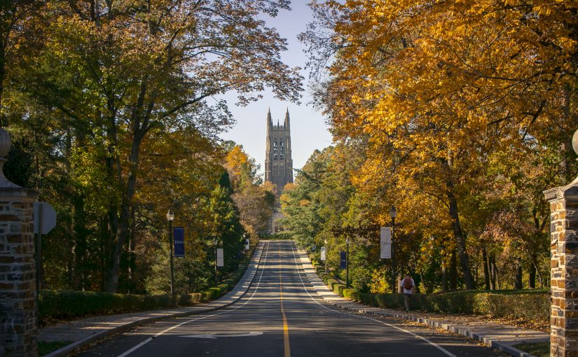 Duke Chapel at the end of a road