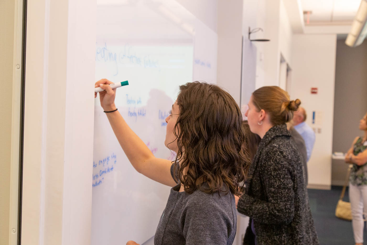 Fellows participating in an active learning exercises by writing ideas on a markable wall