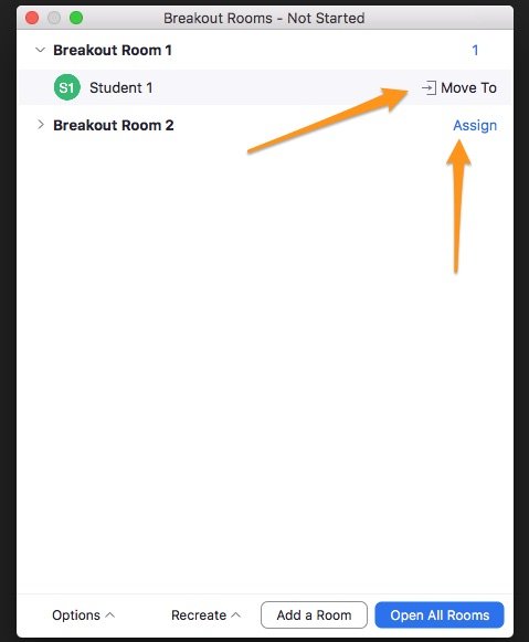 Screenshot of move and assign options in Zoom breakout room set up