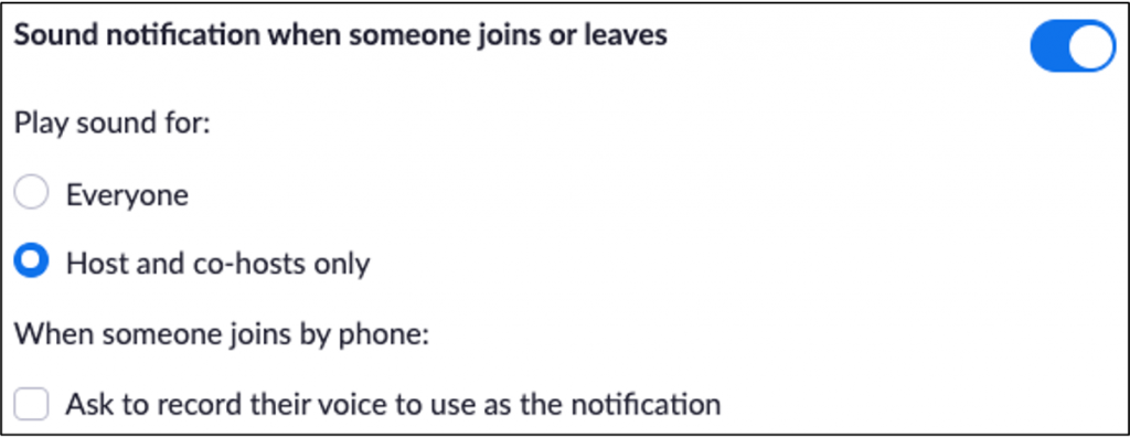 Screenshot showing the Zoom setting that plays a sound when someone joins your meeting