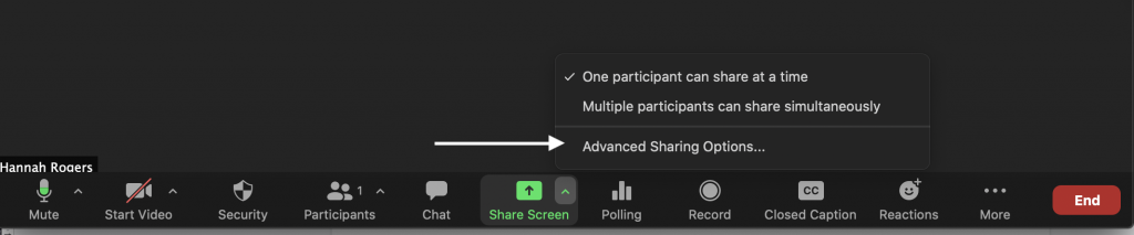 Share Screen options menu, an arrow points to "Advanced Sharing Options"