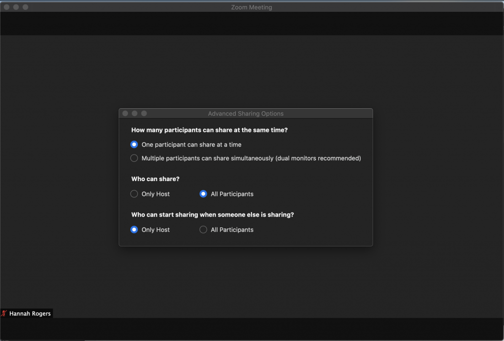 Zoom settings where all participants can share their screen