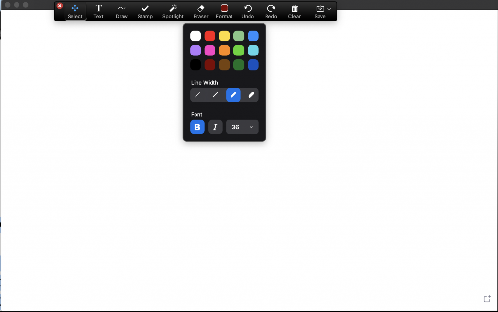 Zoom whiteboard and annotation tools displayed, featuring color, line and text options