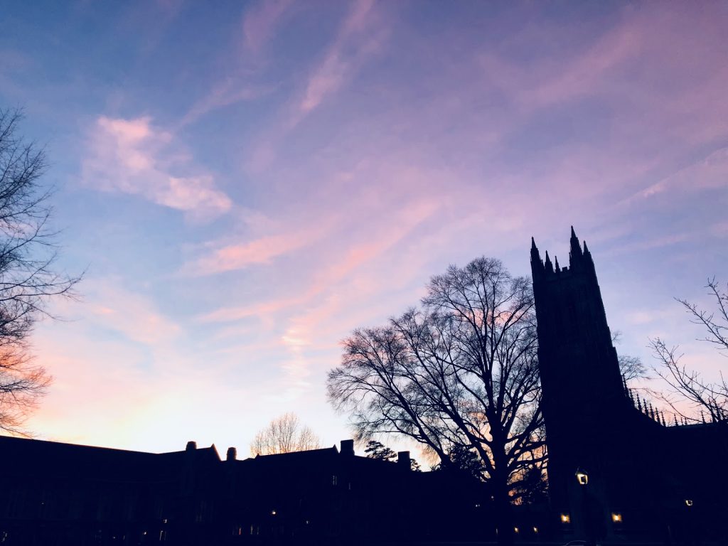 Duke chapel at sunset.