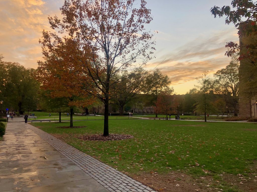 East campus after a rainy fall day at sunset.