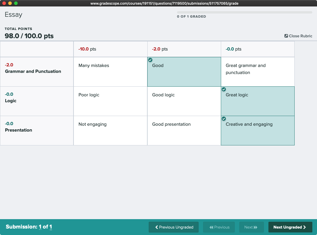 Gradescope rubric grid view