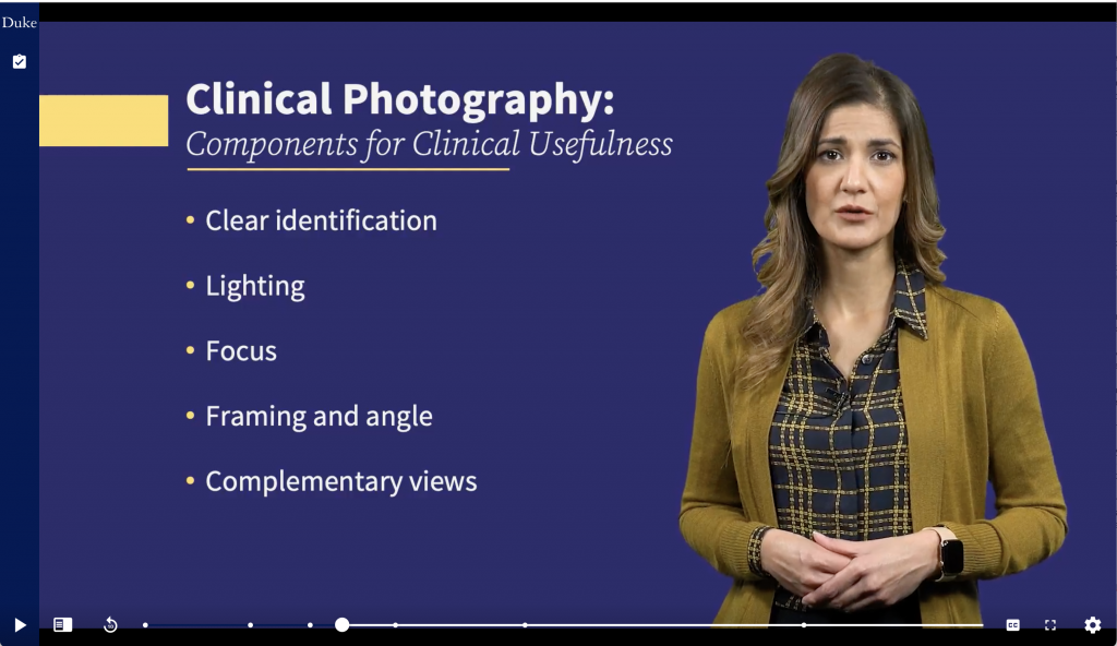 Meenal Kheterpal explains the critical components of good teledetermatology photos — clear identification, lighting, focus, framing and angles, and complementary views — in the teledermatology module.