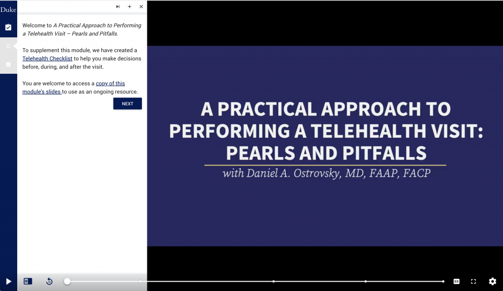 The opening frame of the introductory telehealth module features a left-hand pop-up menu that provides a visit checklist and module slides. The rest of the screen is taken up by a title slide for "A Practical Approach to Performing a Telehealth Visit: Pearls and Pitfalls." 