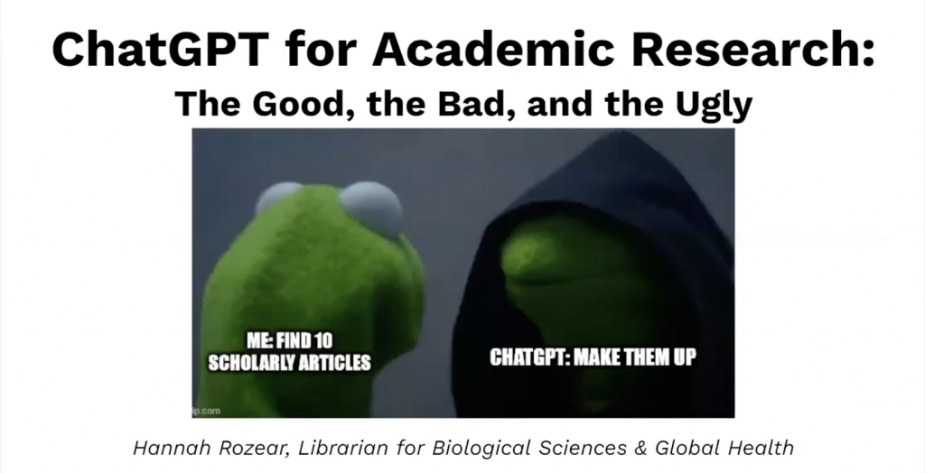 Meme of good Kermit the Frog saying "Me: Find 10 scholarly articles" Bad Kermit the Frog saying "ChatGPT: Make Them Up"