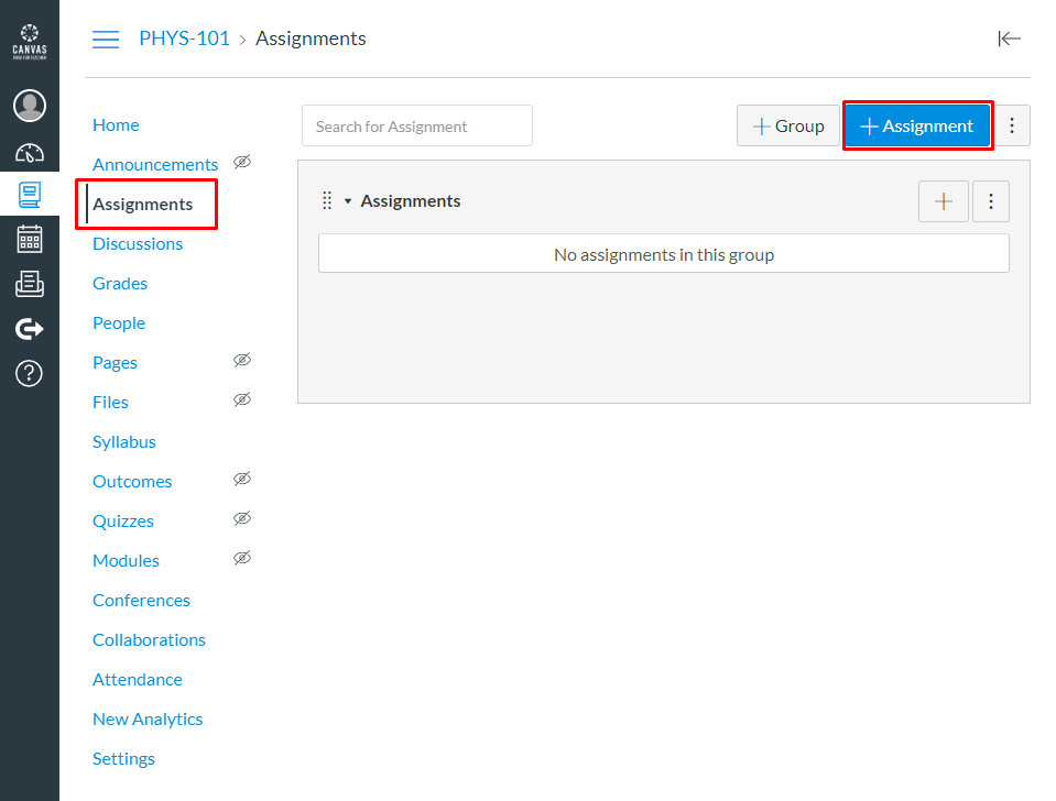 Canvas Assignments interface with the "Assignments" tool menu list highlighted. The "Add Assignment" option is also highlighted.