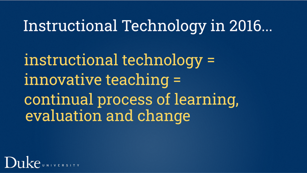 Instructional technology in 2016. instructional technology = innovative teaching = continual process of learning, evaluation and change.