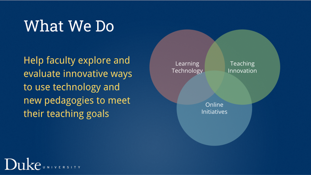 What we do: help faculty explore and evaluate innovative ways to use technology and new pedagogies to meet their teaching goals.