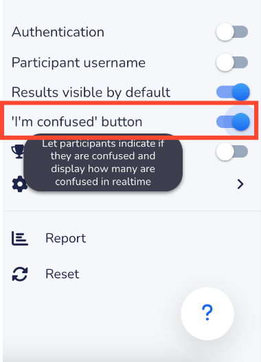 The screenshot highlights how to toggle on the "I'm confused button" in settings. A tooltip of this option says "Let participants indicate if they are confused and display how many are confused in real time".