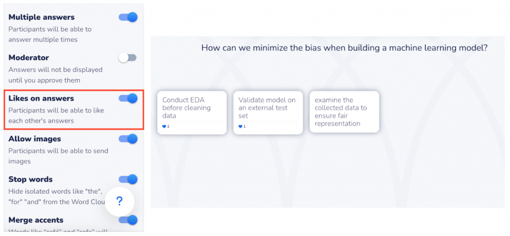 The screenshot on the left highlights how to toggle on the "Likes on answers" setting option. The screenshot on the right shows the "likes" given by participants are displayed under each response.