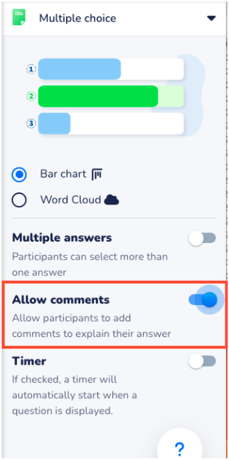 The screenshot highlights how to toggle on the "Allow comments" setting for a Multiple choice question. A description of the option says "Allow participants to add comments to explain their answer".