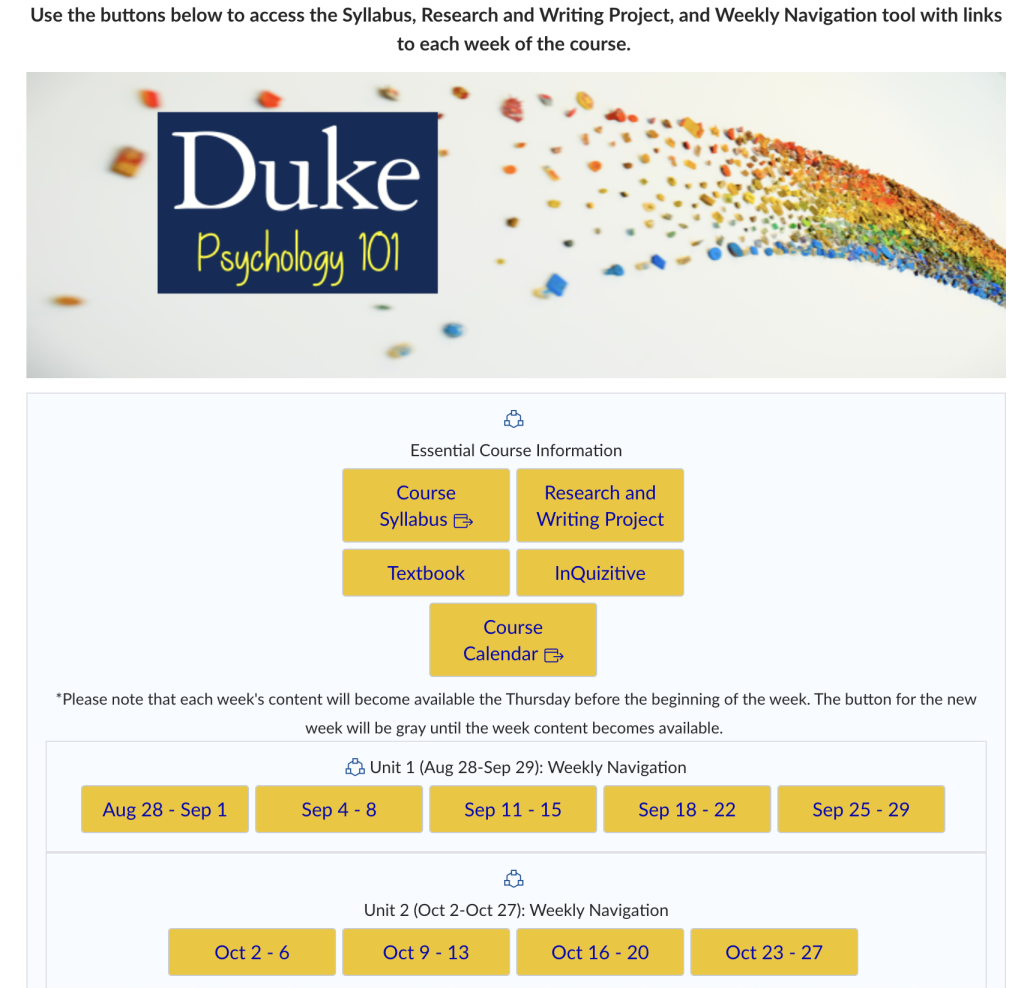 Screenshot of Psych 101's landing page with yellow button quick links to important course information